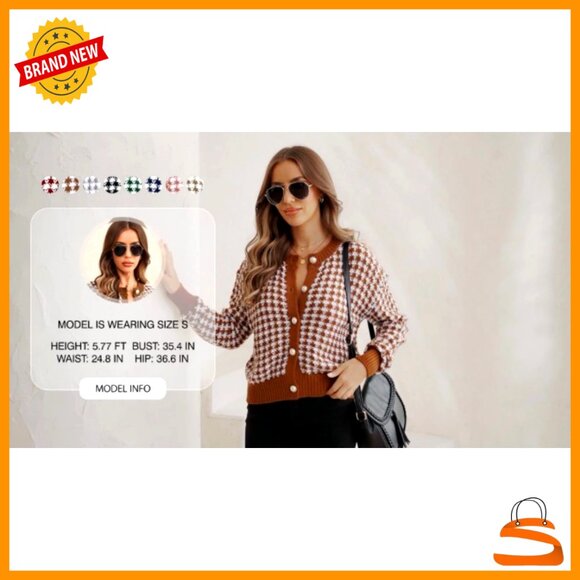 V-Neck Button Down Cardigan Sweater, Long Sleeve Plaid Knit, Relaxed Fit - Picture 7 of 7